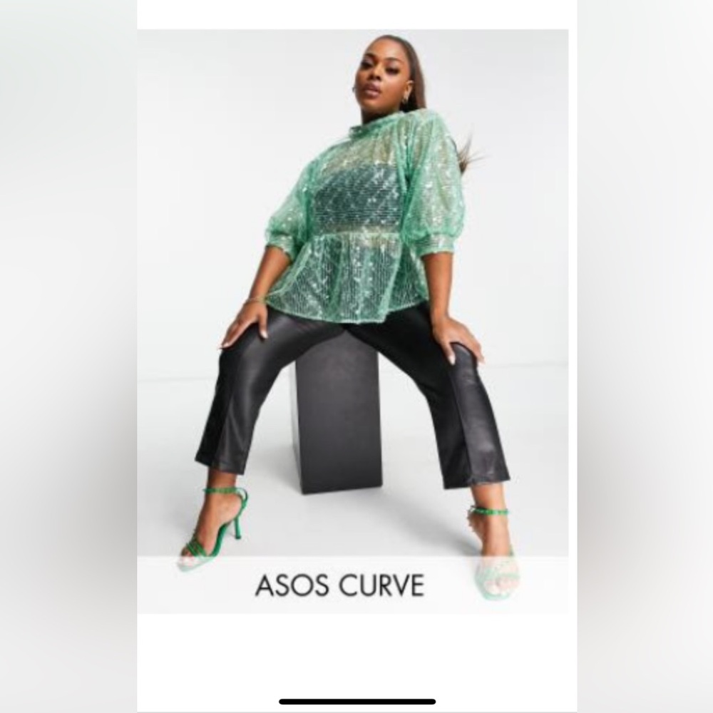 ASOS DESIGN Curve high neck peplum top in green sequin